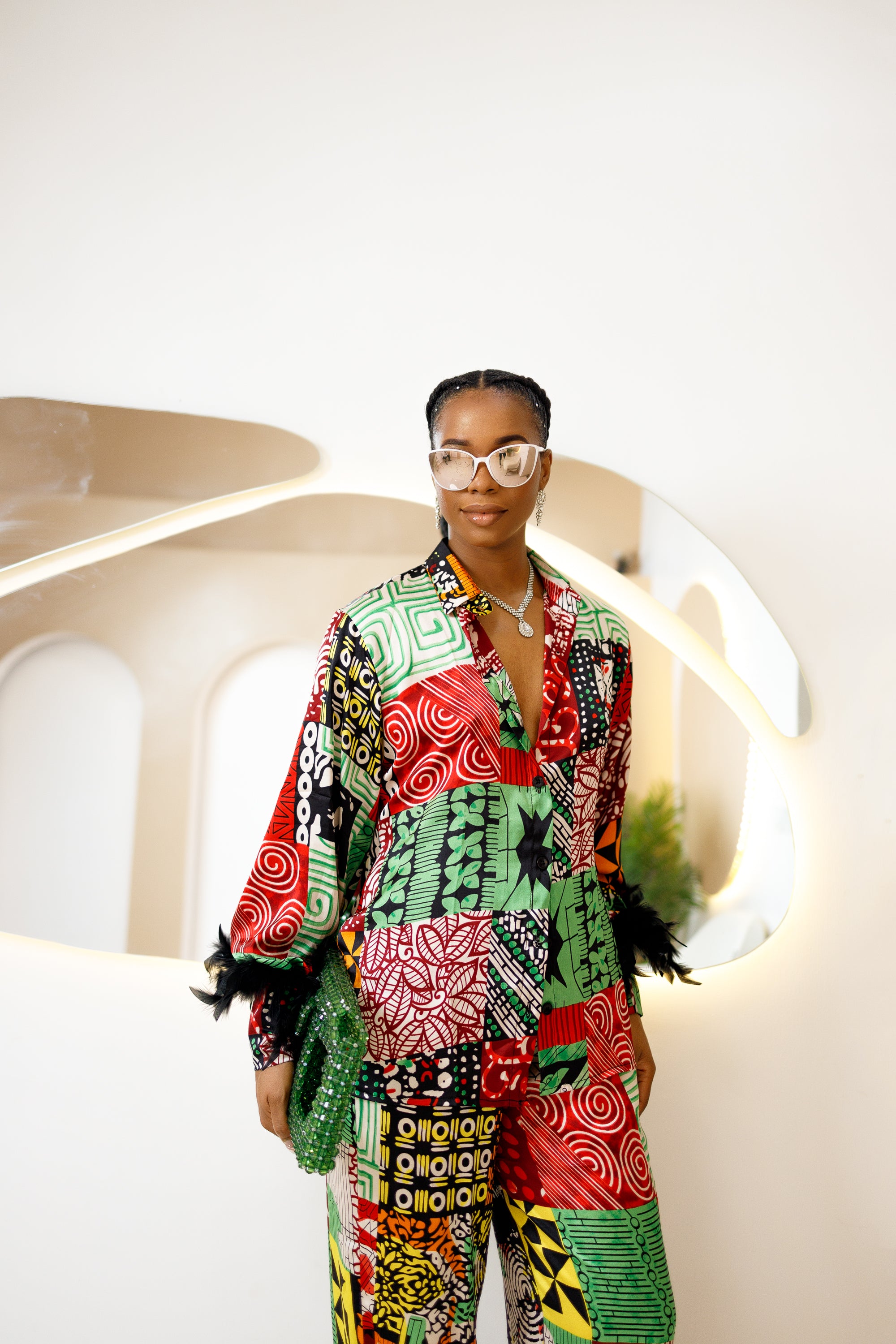 Ogongoko Ankara Silk Two-Piece Set with Feathered Sleeves