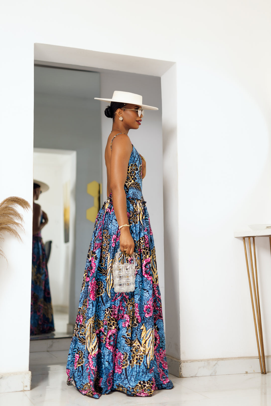 Oha Backless Maxi Dress in Purple and Blue African Ankara Print