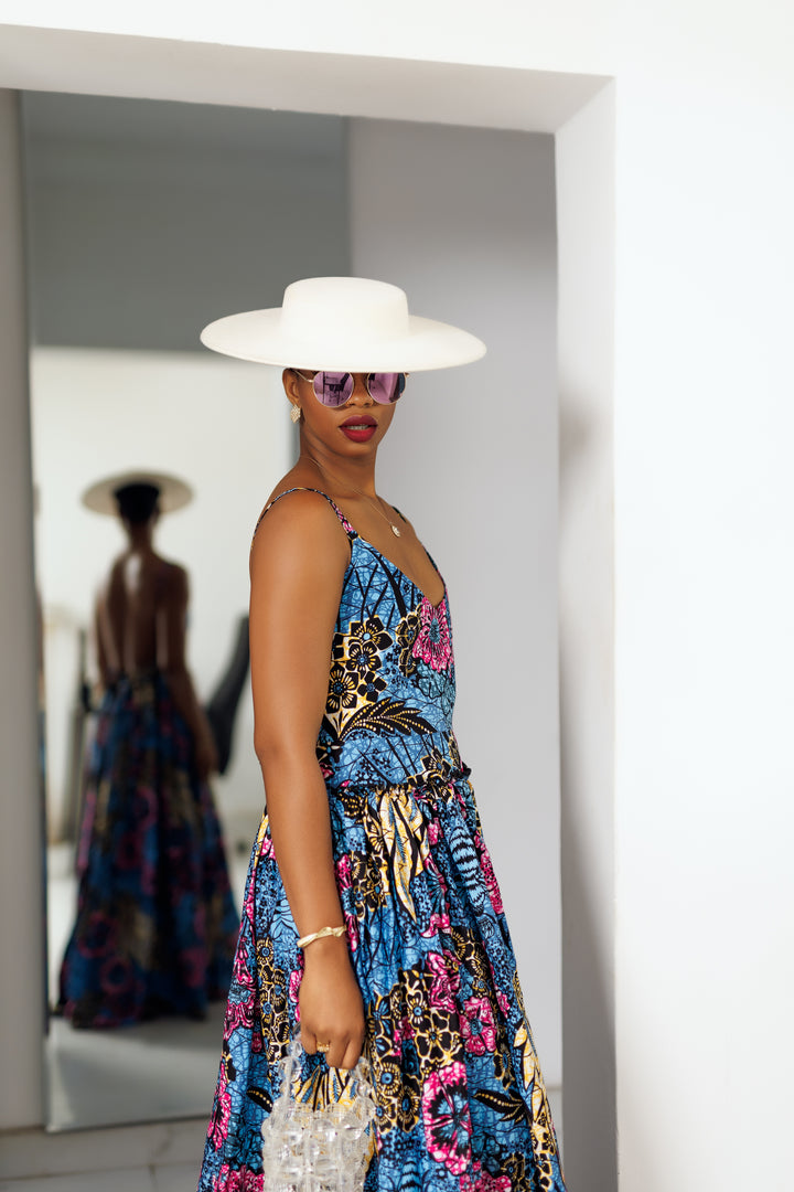Oha Backless Maxi Dress in Purple and Blue African Ankara Print 2XL Oha Backless Maxi Dress in Purple and Blue African Ankara Print 2XL