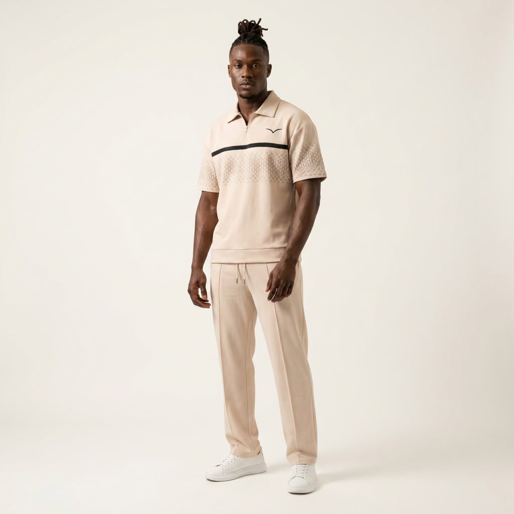 Model wearing the Okwuru beige men’s knit two-piece set with a short-sleeve zip polo, geometric detailing and relaxed straight-cut drawstring pants.