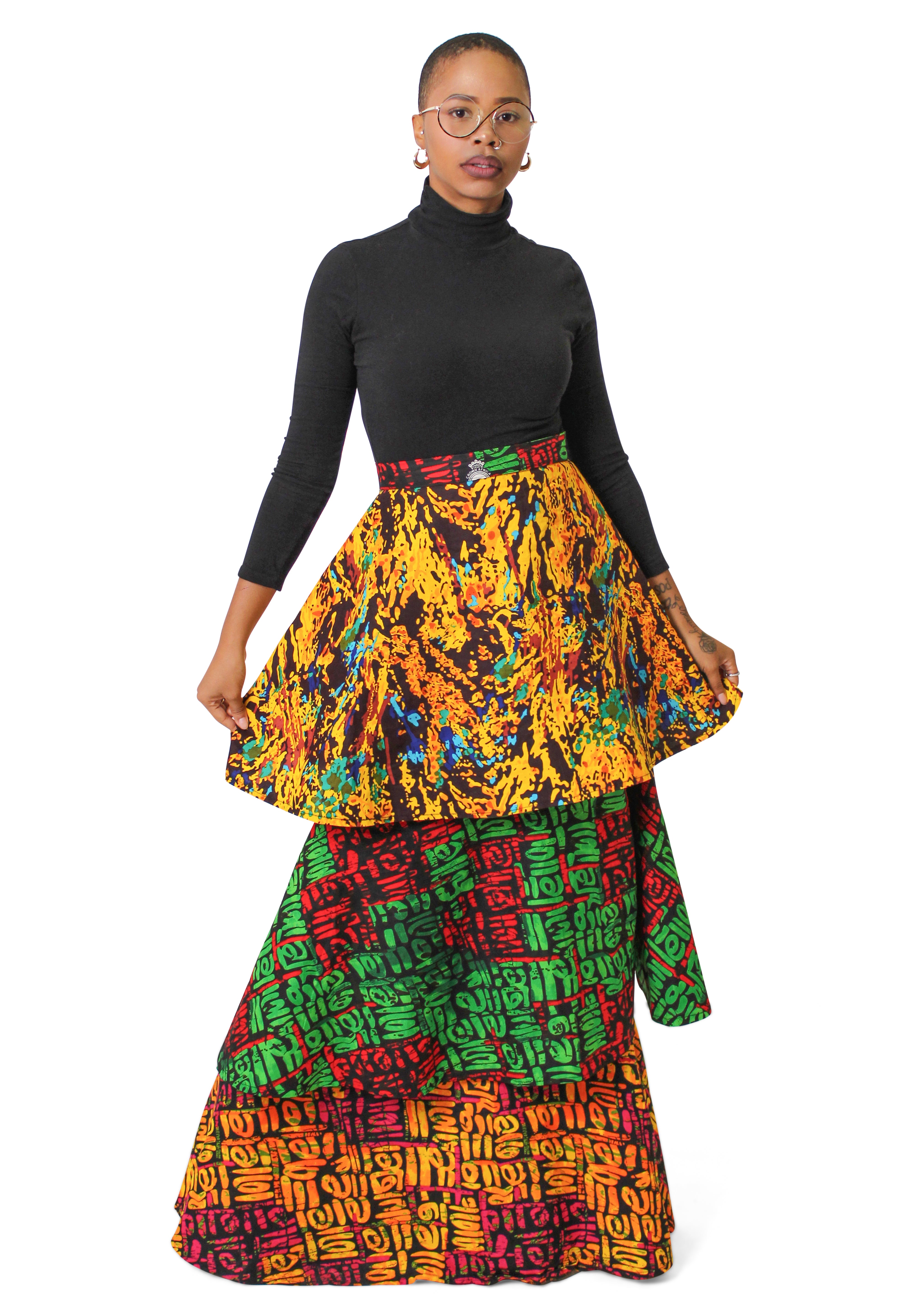Model wearing colorful triple-layered Ankara maxi skirt with vibrant multicolor prints