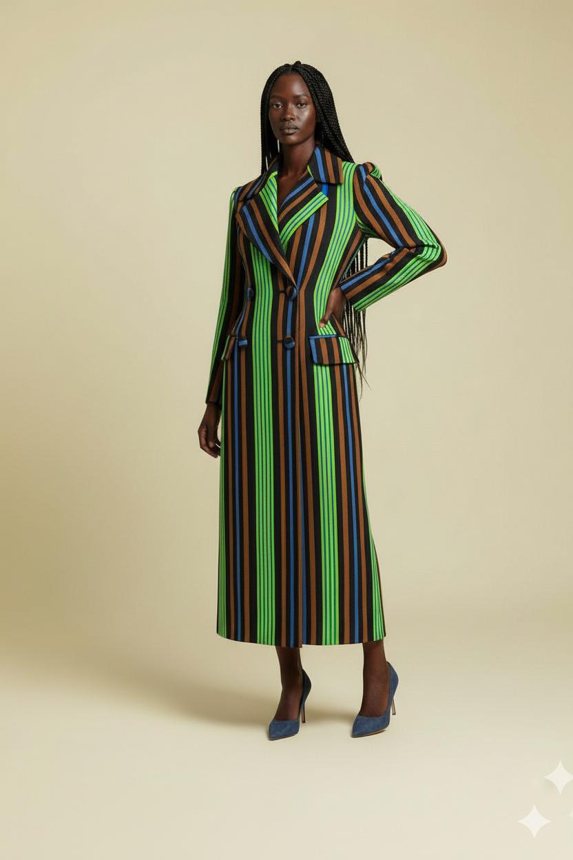 Model wearing a colorful woven statement coat