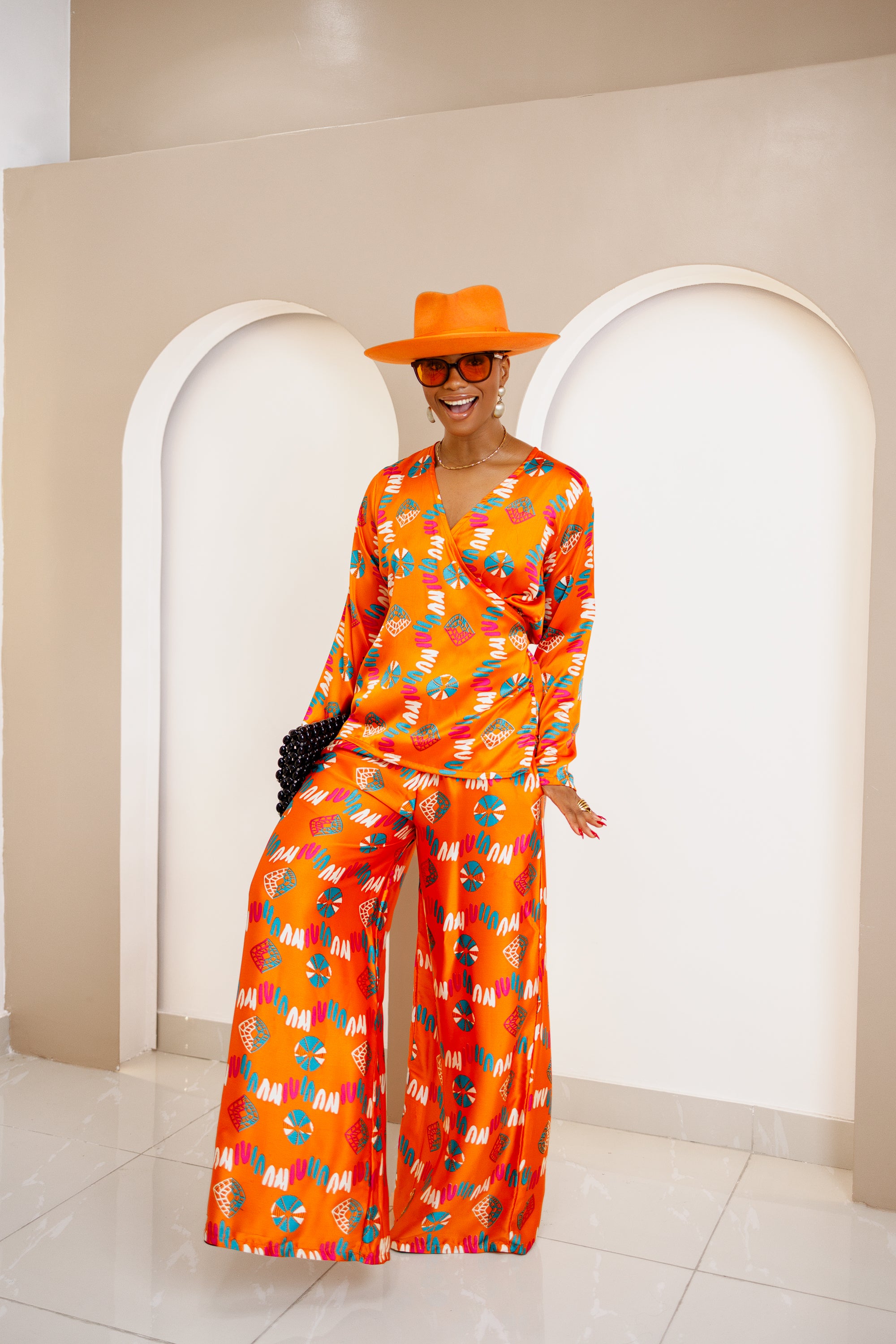 Omugwo Vibrant Orange Ankara Silk Wrap Top and Palazzo Pants Set