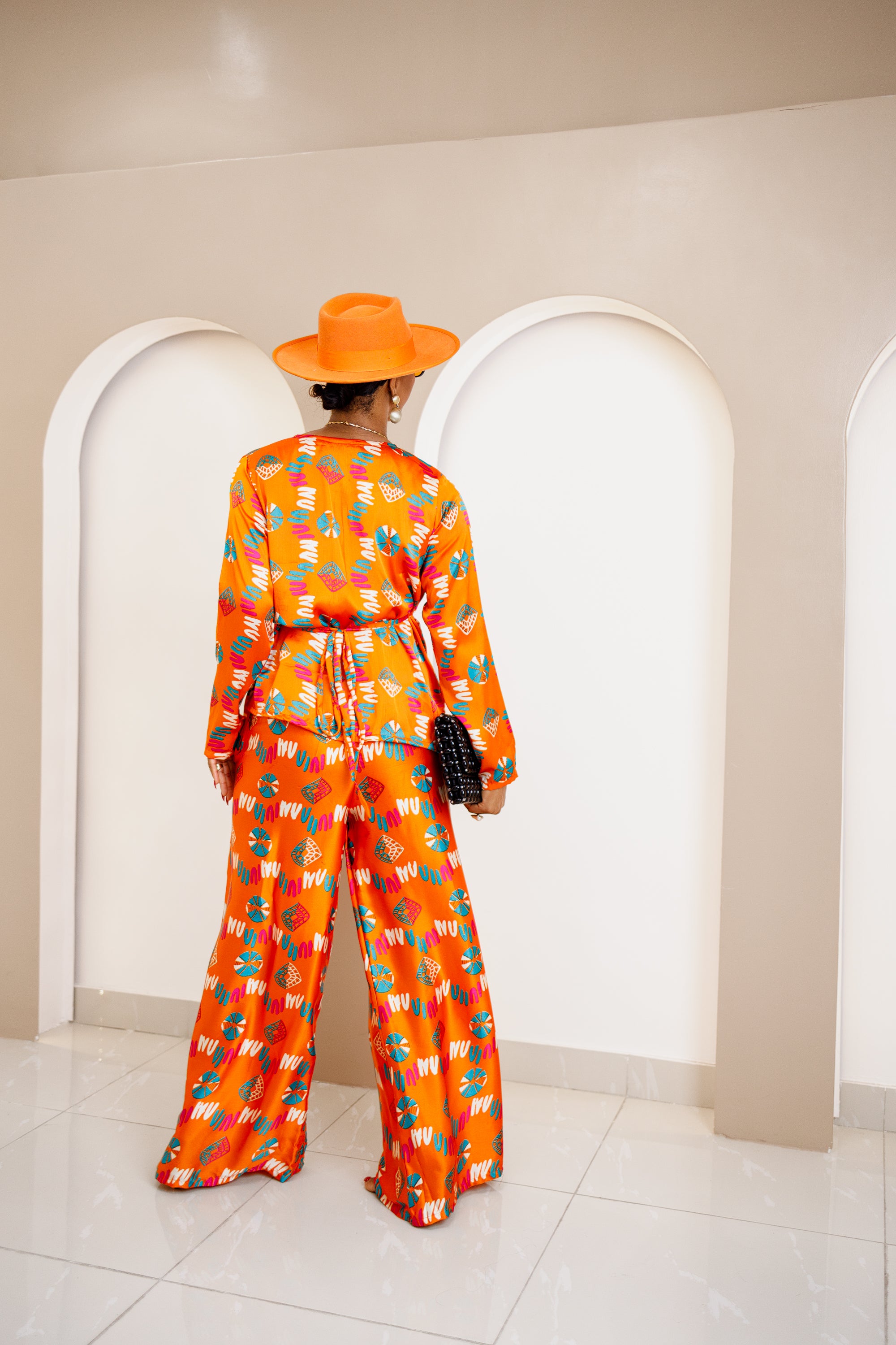 Omugwo Vibrant Orange Ankara Silk Wrap Top and Palazzo Pants Set