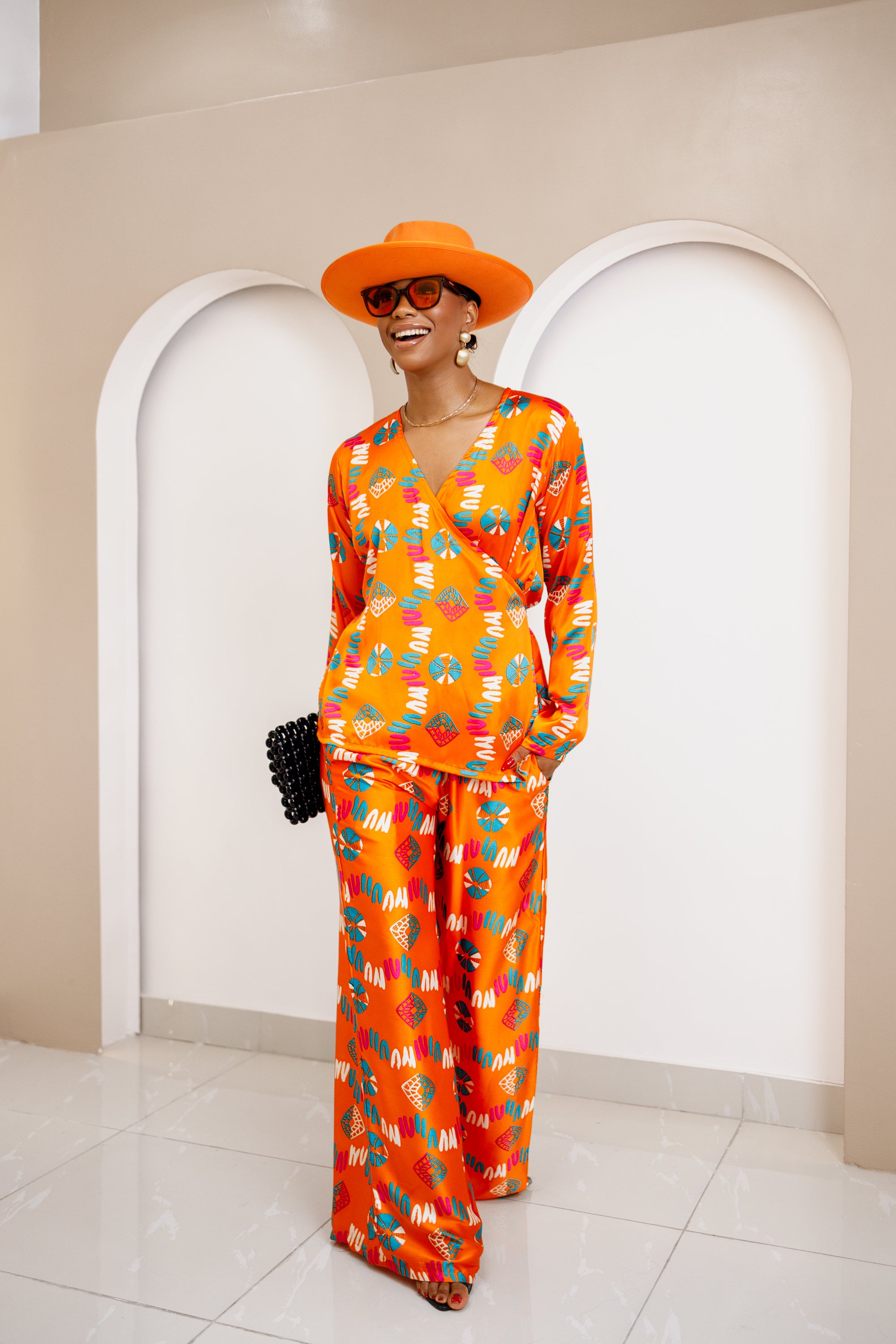 Omugwo Vibrant Orange Ankara Silk Wrap Top and Palazzo Pants Set