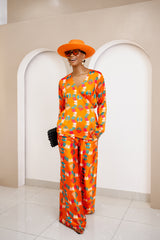 Omugwo Vibrant Orange Ankara Silk Wrap Top and Palazzo Pants Set