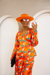 Omugwo Vibrant Orange Ankara Silk Wrap Top and Palazzo Pants Set