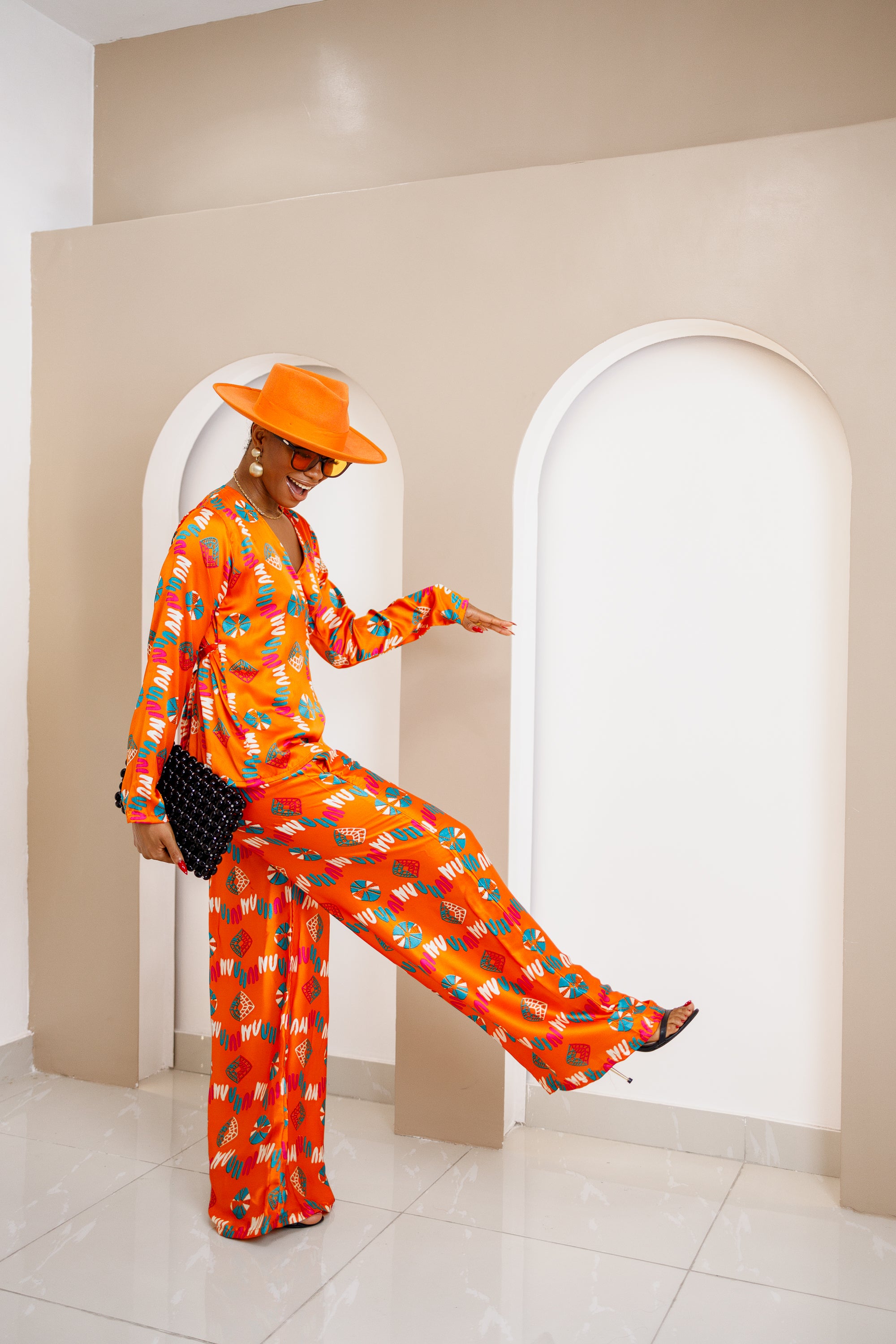 Omugwo Vibrant Orange Ankara Silk Wrap Top and Palazzo Pants Set