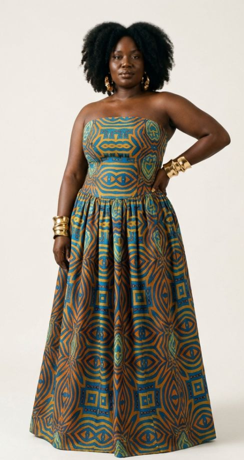 Oseala Ankara silk blend strapless maxi dress featuring a structured fitted bustier, defined waist, voluminous gathered floor-length skirt, and blue and golden-brown geometric African print.