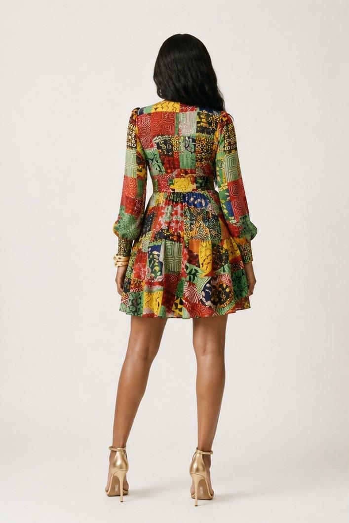 Otubo Ankara Faux Silk Fit-and-Flare Mini Dress | Long Sleeve V-Neck Dress