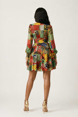 Otubo Ankara Faux Silk Fit-and-Flare Mini Dress | Long Sleeve V-Neck Dress
