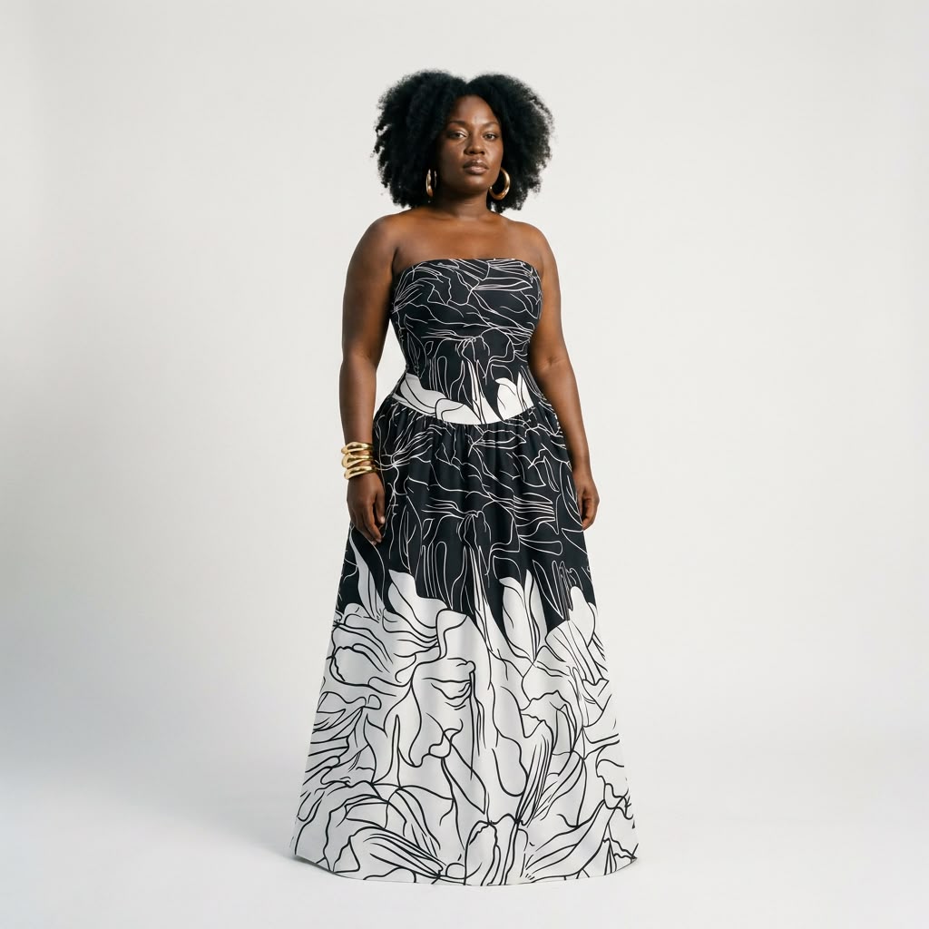 Uda silk blend strapless maxi dress featuring a fitted bodice, cinched waist, softly gathered A-line skirt, back zipper, and side pockets.