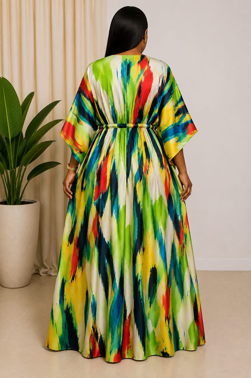 Umuoma Multicolored Crepe Kaftan Maxi Dress | Kimono Sleeve Dress