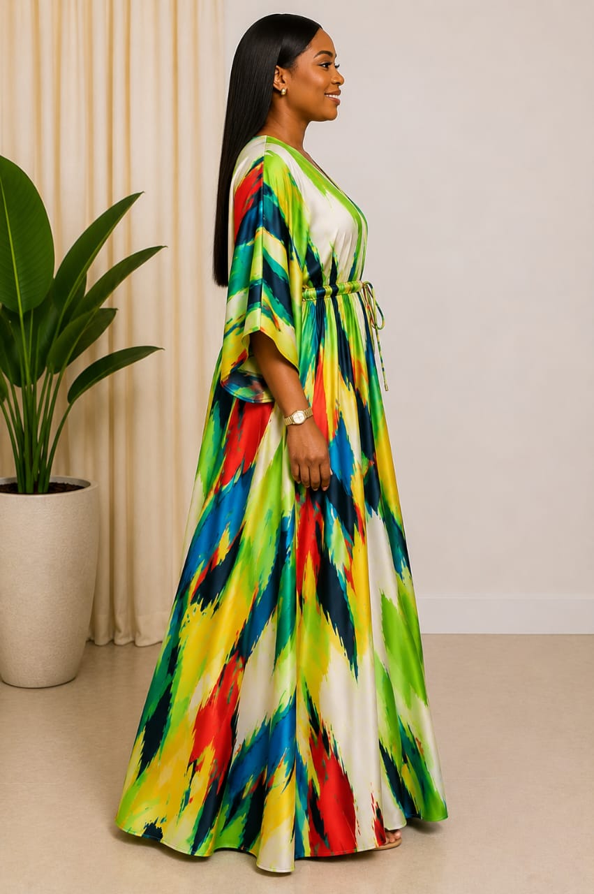 Umuoma Multicolored Crepe Kaftan Maxi Dress | Kimono Sleeve Dress