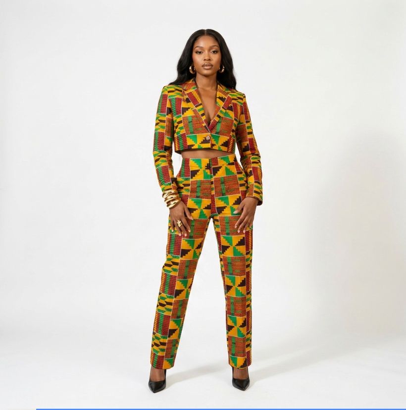 Usekwu women's Kente two-piece pantsuit featuring a structured cropped blazer with deep V-neckline and matching high-waisted skinny-leg pants.