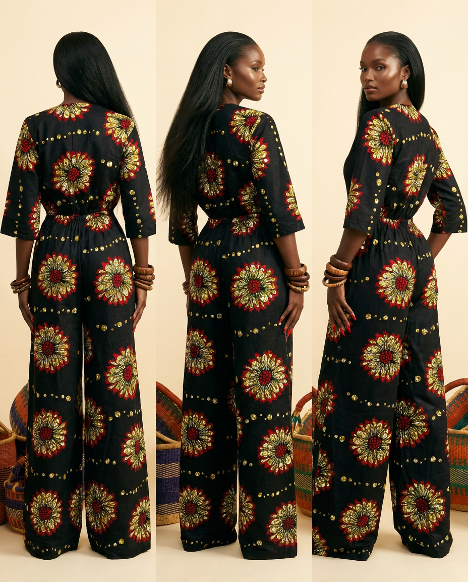 Egbucham Ankara Jumpsuit: Round Neck, Aso-Oke Detail - back view