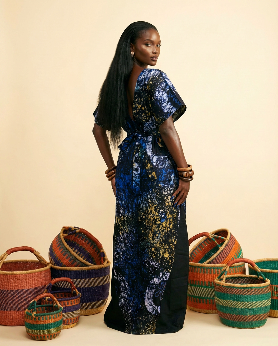 Anacham Aso-Oke & Adire Barrel Dress - Detachable Belt - back view