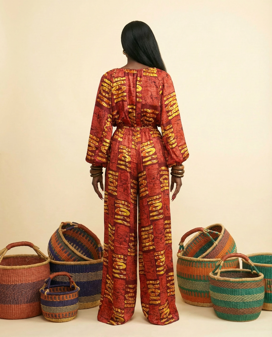 Apucham Ankara Silk Jumpsuit: Wide-Leg, Drawstring Neck - back view
