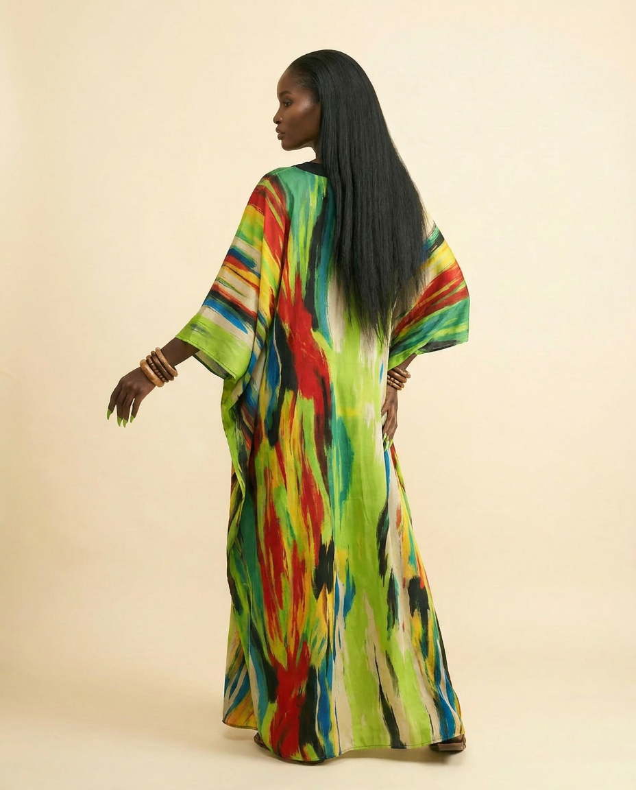 Akwudo Adire Kaftan: Luxurious Multicolored Bubu Gown - back view