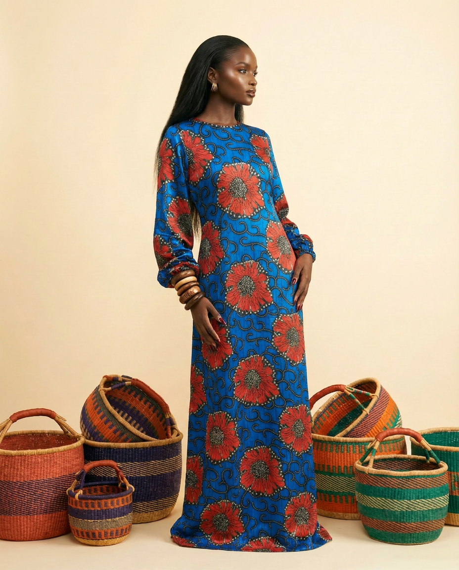 Akuru Ankara Faux Silk V-Neck Maxi Dress - Elegant Lantern Sleeves - back view