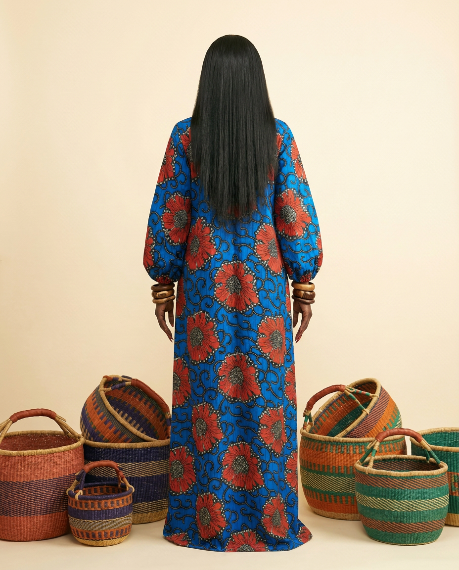 Akuru Ankara Faux Silk V-Neck Maxi Dress - Elegant Lantern Sleeves - back view
