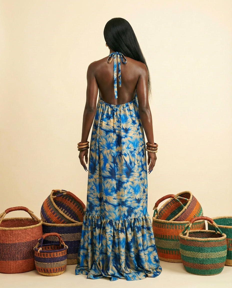 Oninu Ankara Silk Halter Maxi Dress - Backless & Pocketed - back view