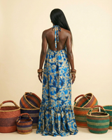 Oninu Ankara Silk Halter Maxi Dress - Backless & Pocketed - back view