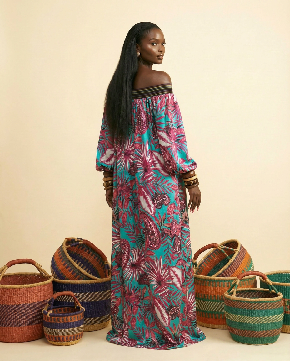 Umeju Ankara Silk Off-Shoulder Gown | Aso-Oke Detail - back view