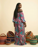 Umeju Ankara Silk Off-Shoulder Gown | Aso-Oke Detail - back view