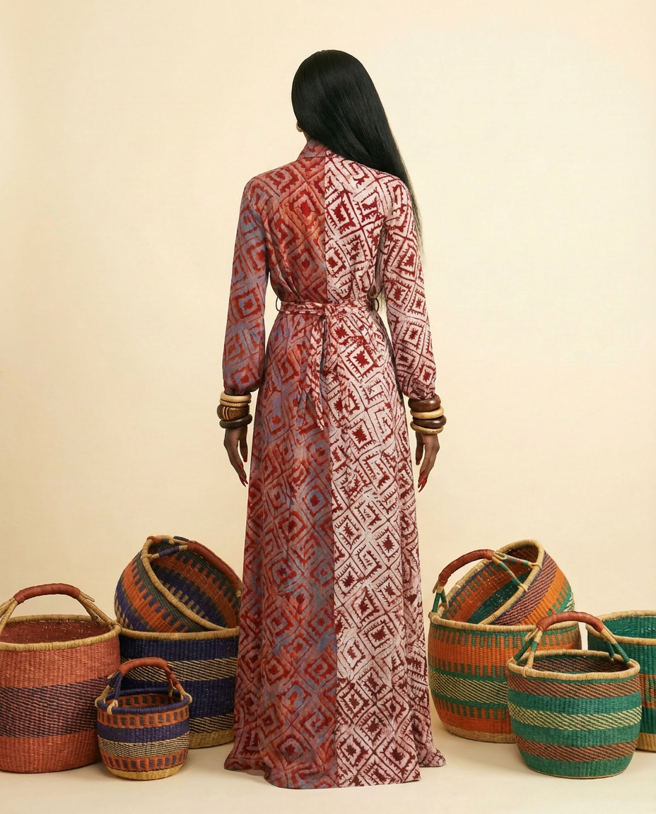 Obala Two-Tone Adire Bell Sleeve A-Line Maxi Dress - back view