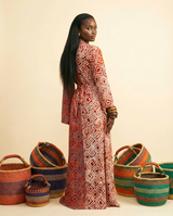 Obala Two-Tone Adire Bell Sleeve A-Line Maxi Dress - back view