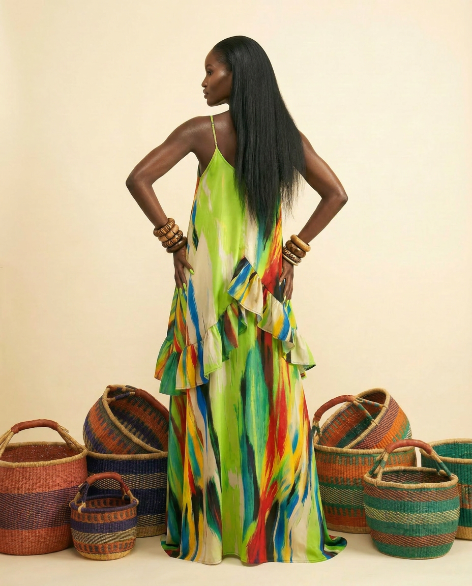 Eze Faux Adire Voluminous Midi Dress - Cascading Layers - back view