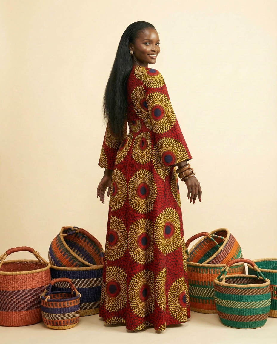 Ukpaka Flared Ankara Maxi – Bell Sleeve Elegance - back view