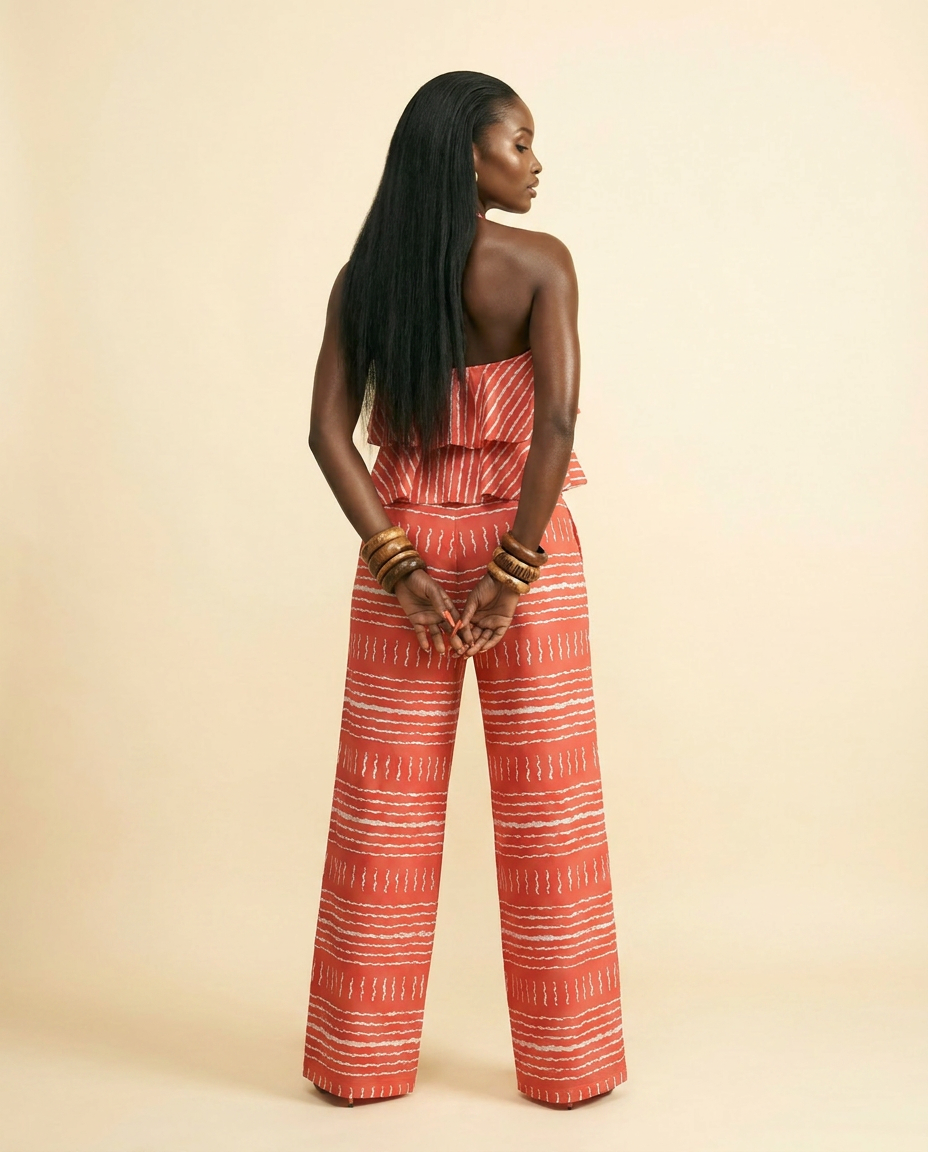 Crimson Bloom Halter Set: Chic Ruffle Top & Wide-Leg Trousers - back view