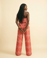 Crimson Bloom Halter Set: Chic Ruffle Top & Wide-Leg Trousers - back view