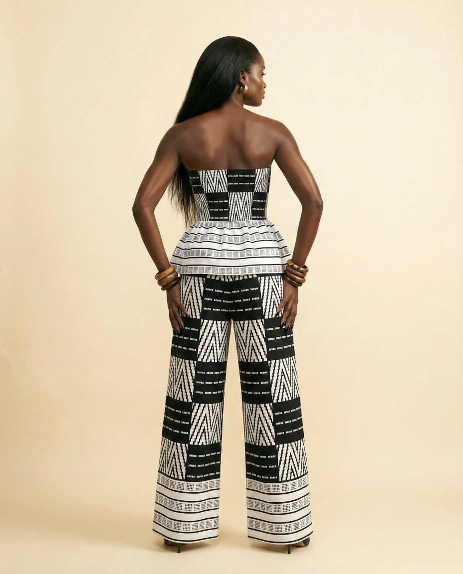 Chic Geo Print Peplum & Culottes Set - Black & White - back view