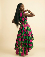 Ankara V-Neck A-line High-Low Maxi Dress: Floral & Geometric Print - back view
