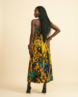 Adire Bloom Maxi Dress - Elegant Stretch Print Gown - back view