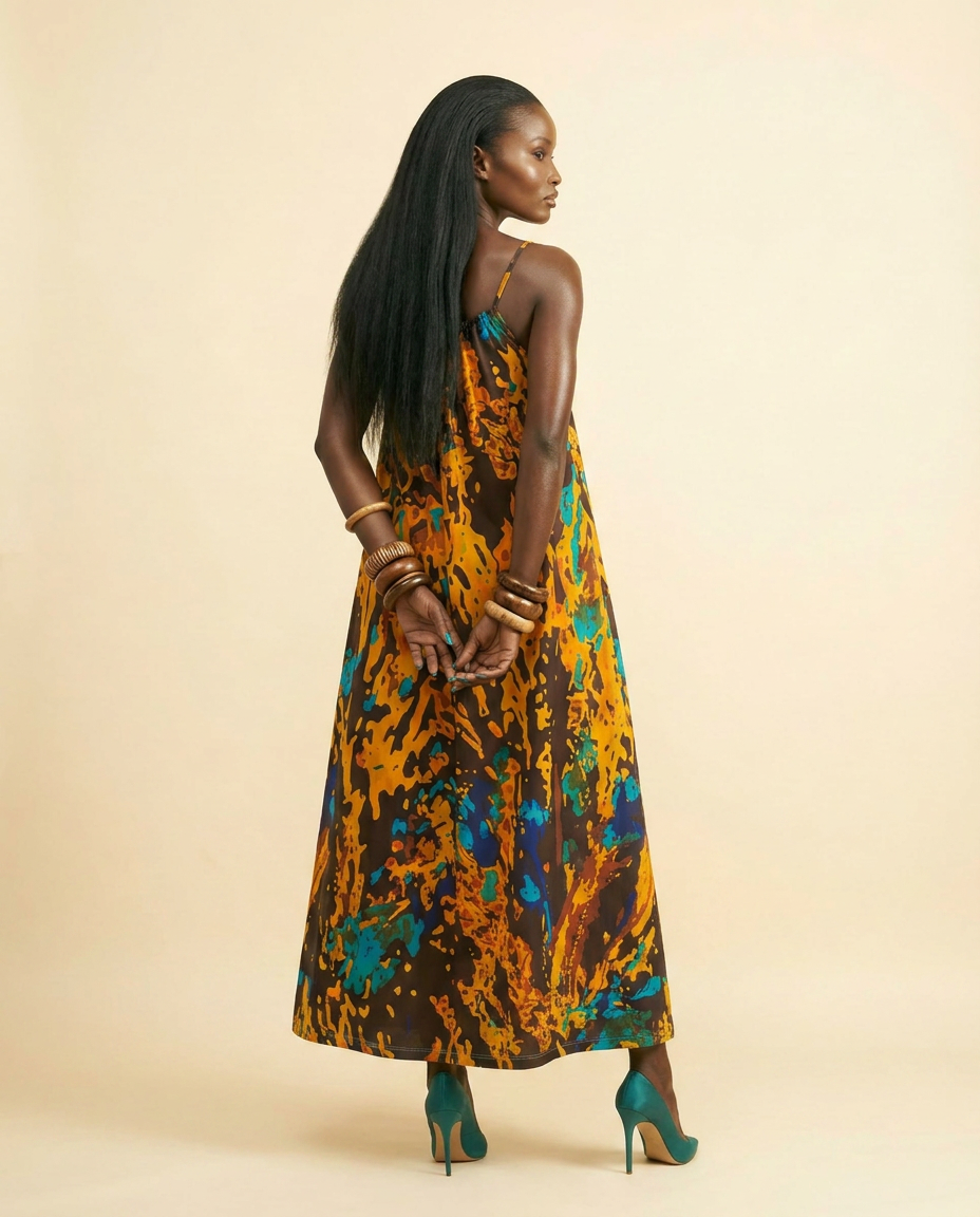 Adire Bloom Maxi Dress - Elegant Stretch Print Gown - back view