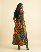 Adire Bloom Maxi Dress - Elegant Stretch Print Gown - back view