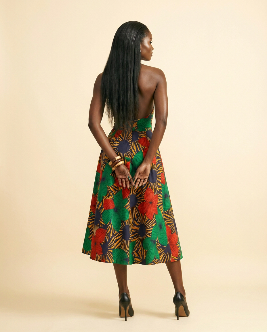 Umueze Ankara Halter Midi Dress | Open-Back Fit-and-Flare with Pockets - back view