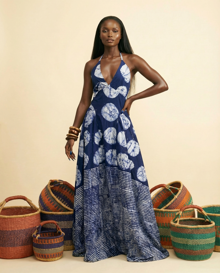 flowy halter maxi dress [Pre Order] Akpa Adire Halter Maxi Dress