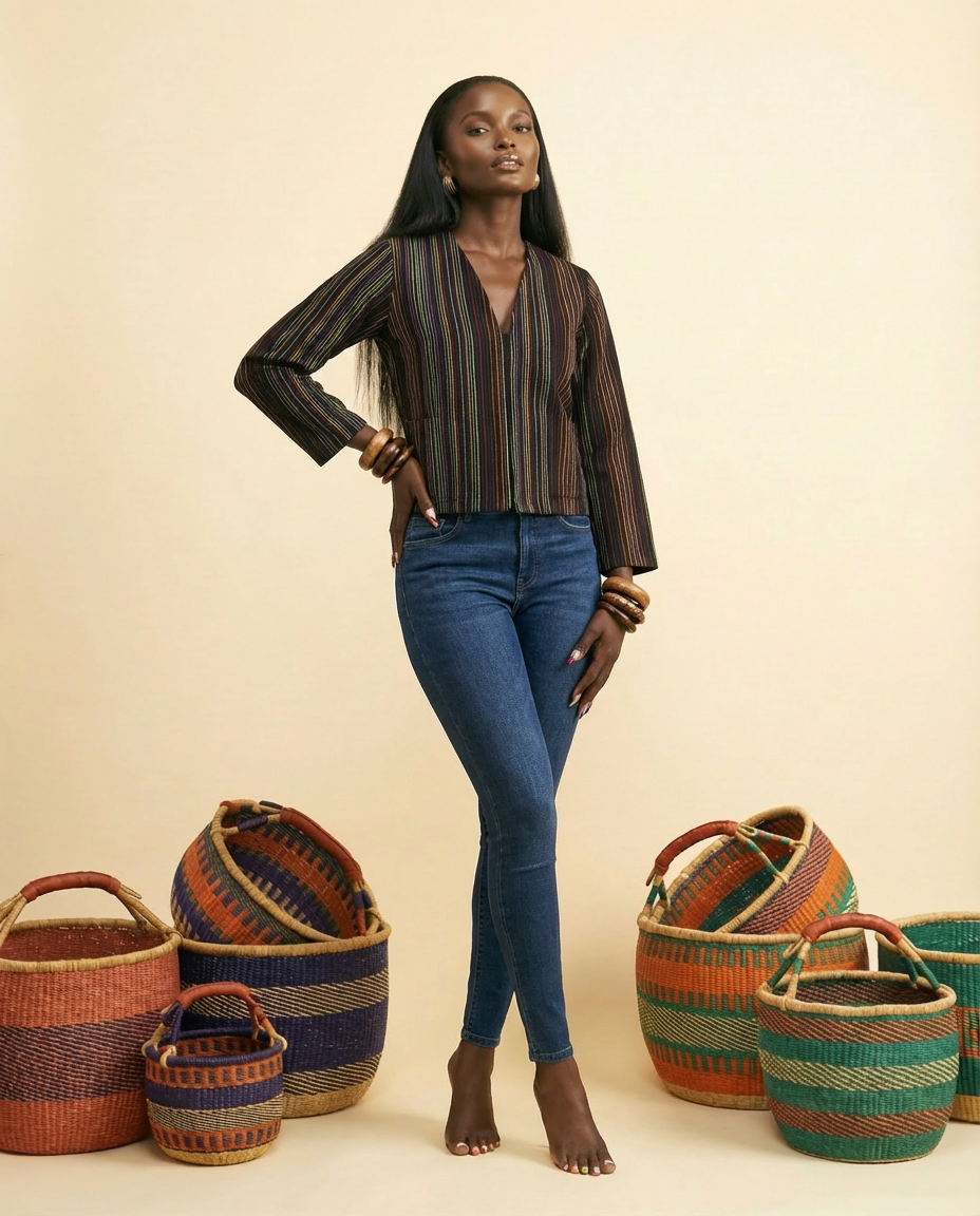 Agboedo Drape Aso Oke Jacket - Handwoven Luxury Open-Front Top - front-facing view