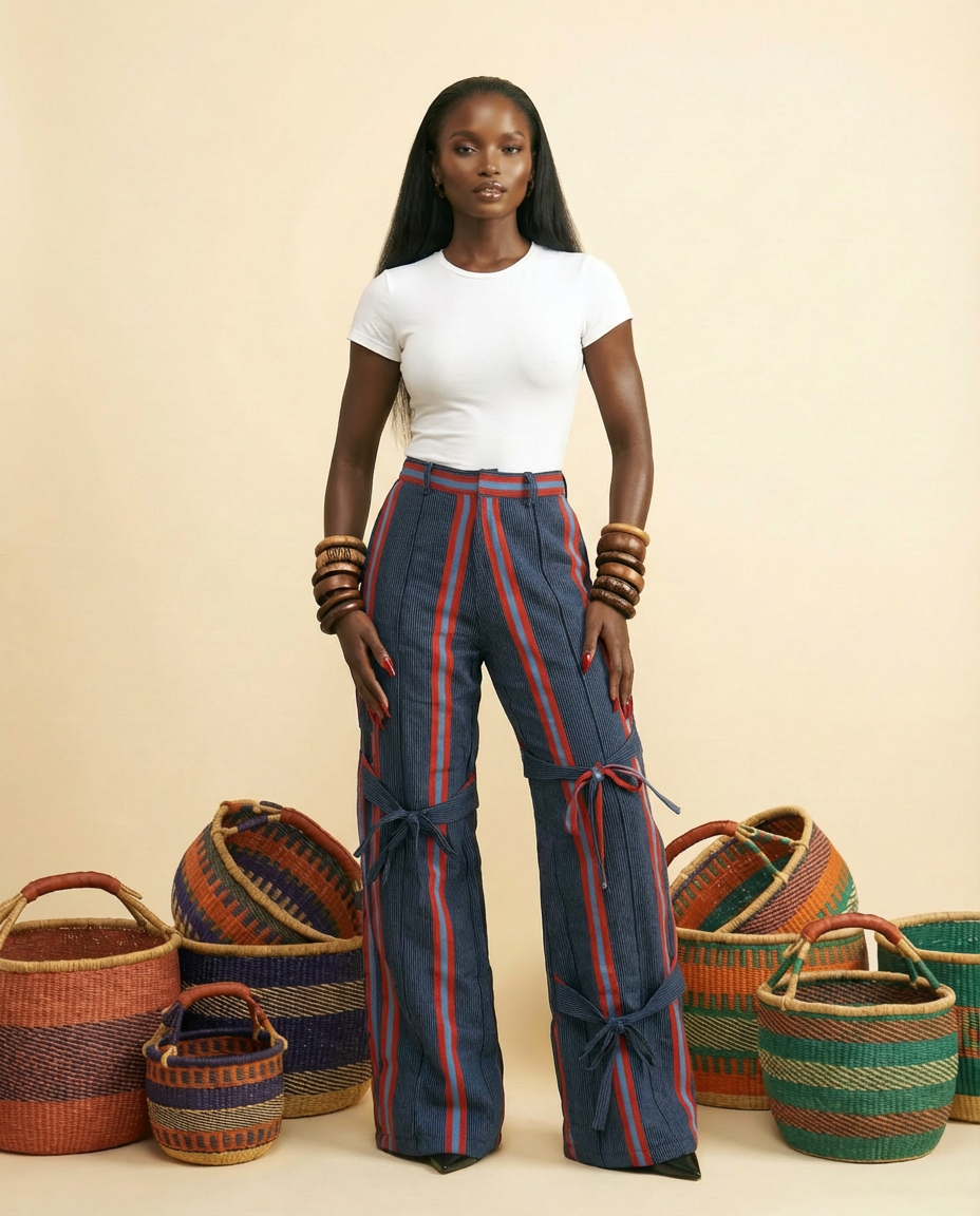 Model wearing Ezeoba Aso Oke cargo pants with decorative straps and pockets handcrafted in Africa