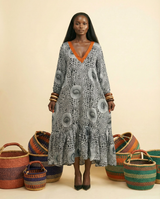 Alucham Ankara Silk Maxi Dress - Bell Sleeve, Aso-Oke Trim - front-facing view