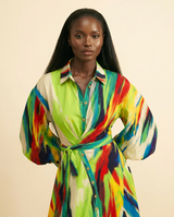 Okeofia Adire Silk Wrap Dress - Vibrant Multicolored Midi - front-facing view