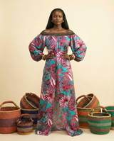 Umeju Ankara Silk Off-Shoulder Gown | Aso-Oke Detail - front-facing view