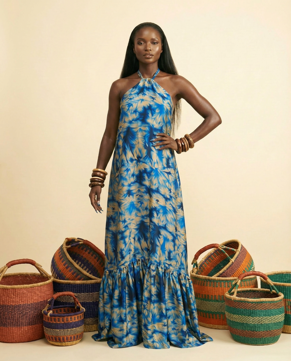 Oninu Ankara Silk Halter Maxi Dress - Backless & Pocketed - front-facing view