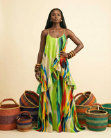 Eze Faux Adire Voluminous Midi Dress - Cascading Layers - front-facing view