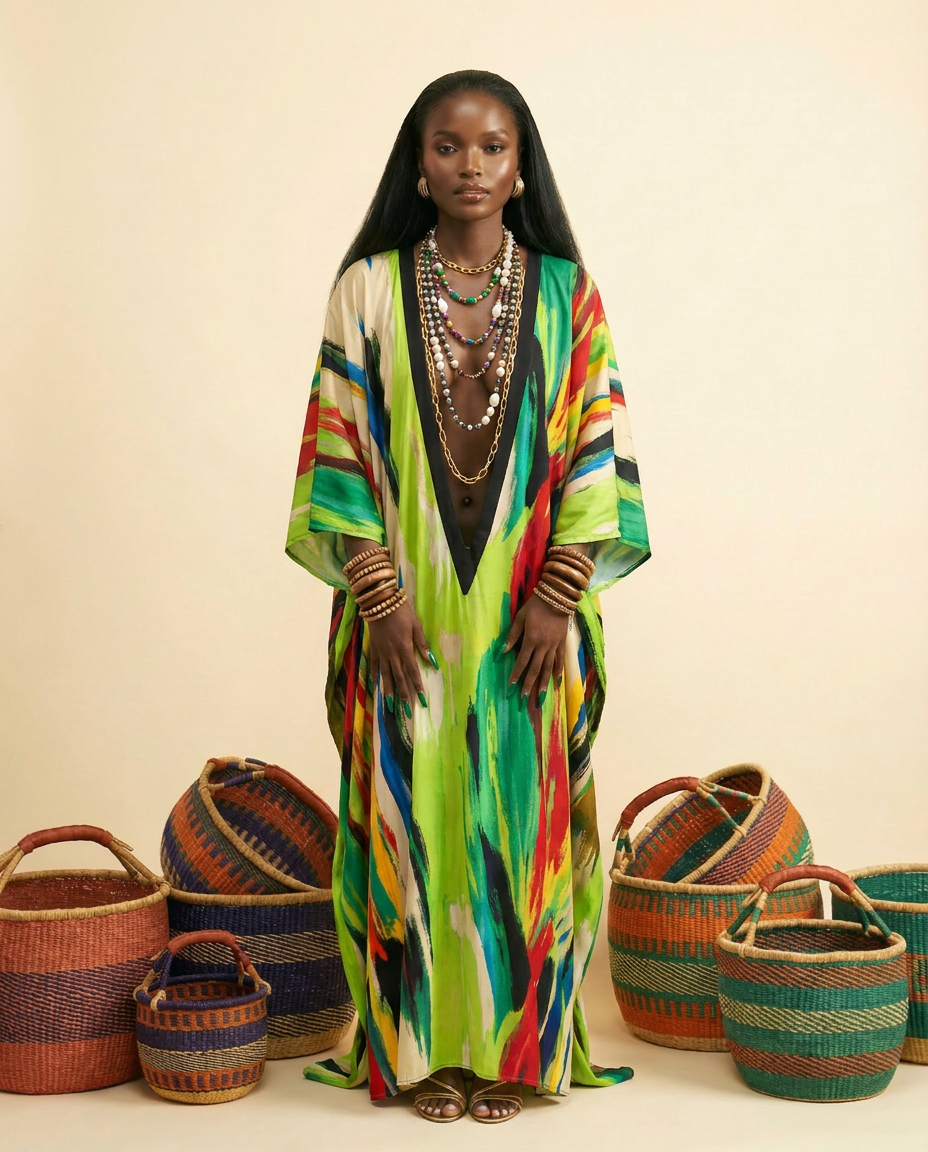 [Pre Order] Akwudo Adire Kaftan: Deep V Version - front-facing view